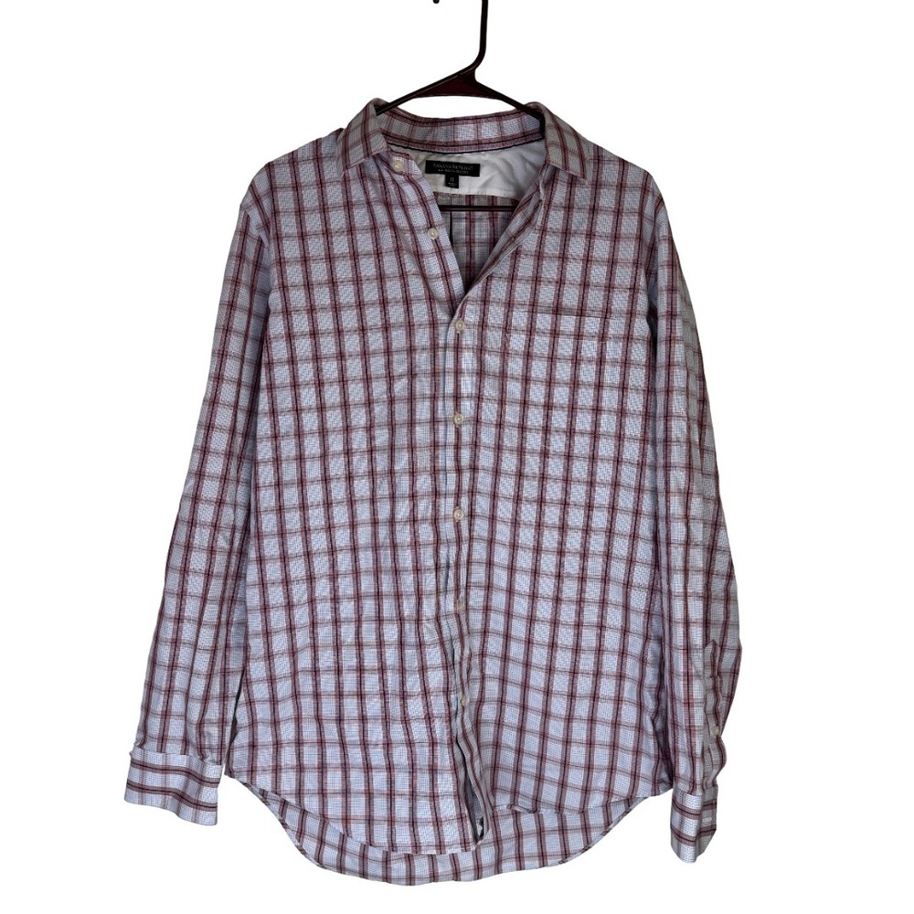 Banana Republic Shirt Mens Medium Red White Blue Plaid Non-Iron Classic Fit Long
